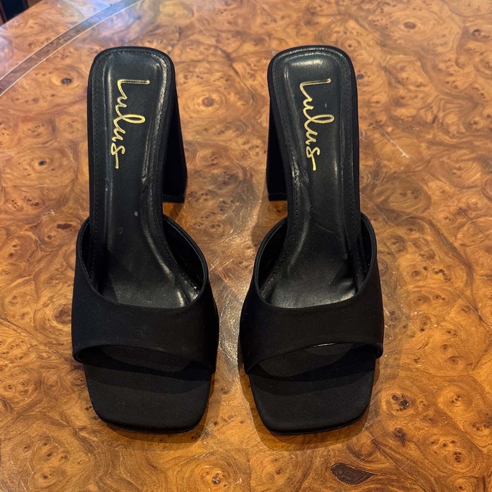 Lulu's Elegant Black Satin Heeled Mules